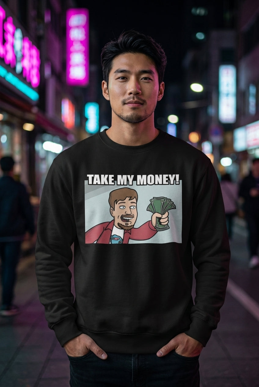 Hombre en suéter negro con meme Take My Money streetwear urbano | Algoritmo