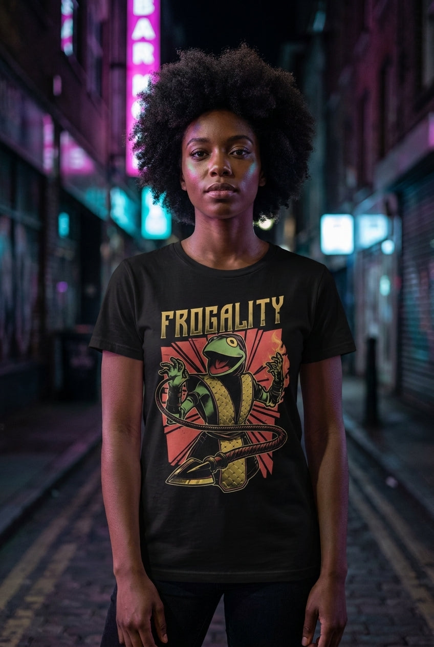 Mujer en playera Frogality Kermit estilo Mortal Kombat streetwear urbano | Algoritmo