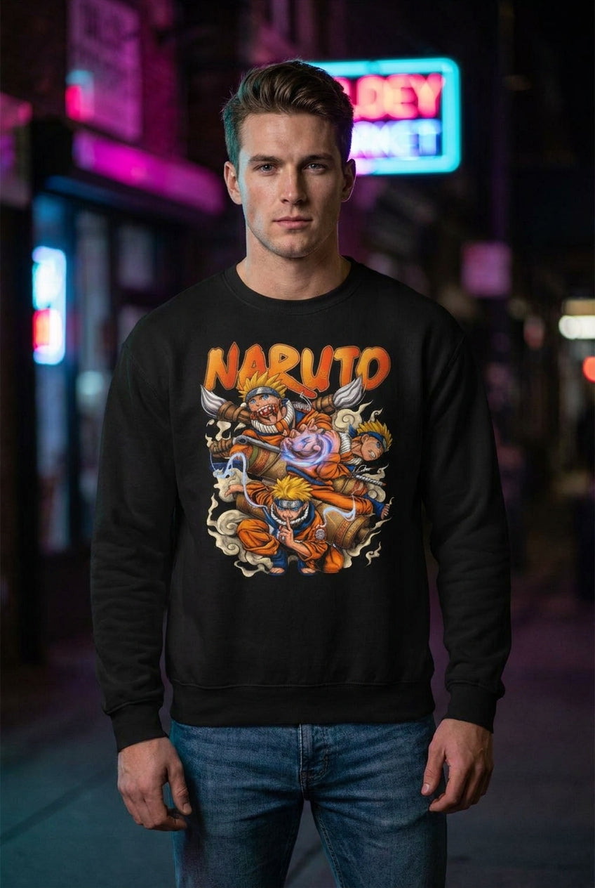 Hombre en sueter negro Naruto Uzumaki Rasengan streetwear urbano | Algoritmo