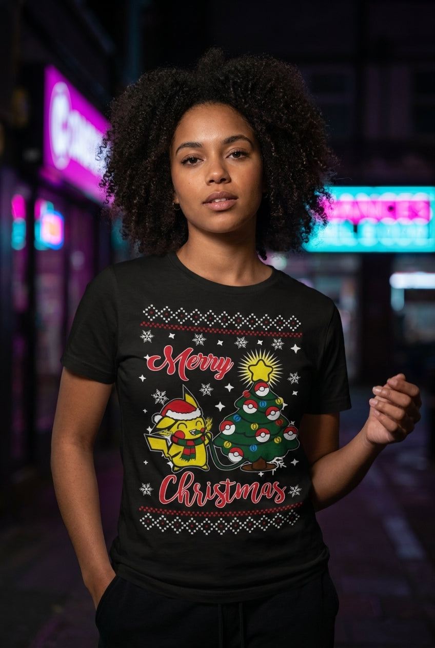 Mujer en playera Pikachu Merry Christmas navidena streetwear urbano | Algoritmo