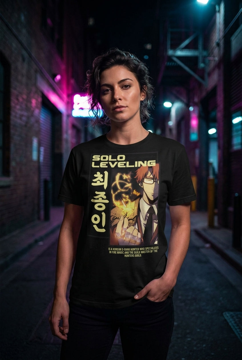 Mujer en playera Solo Leveling nuevos lanzamientos streetwear urbano | Algoritmo