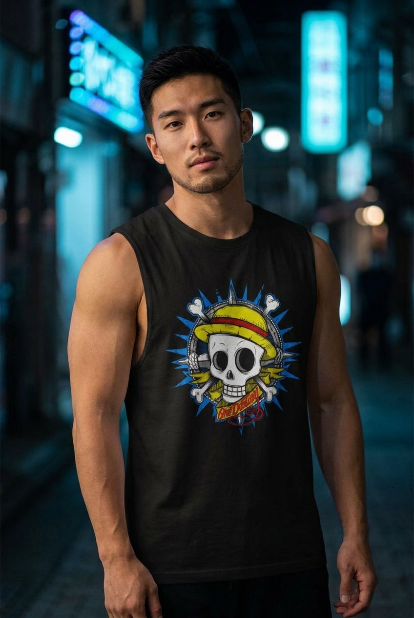 Hombre en camiseta sin mangas One Piece calavera Straw Hat streetwear urbano | Algoritmo