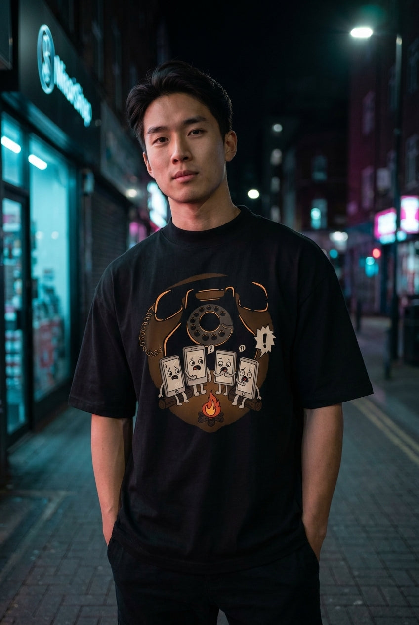 Hombre en playera oversize negra con teléfono antiguo ilustración geek streetwear urbano | Algoritmo