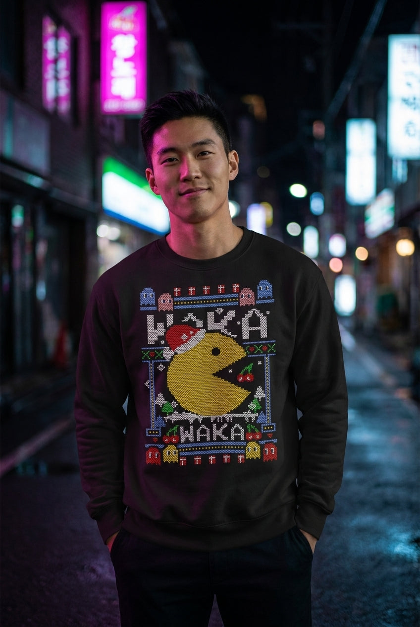 Hombre en suéter negro con Pac-Man navideño streetwear urbano | Algoritmo