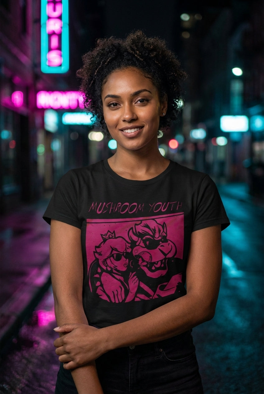 Mujer en playera Princesa Peach y Bowser Mushroom Youth streetwear urbano | Algoritmo