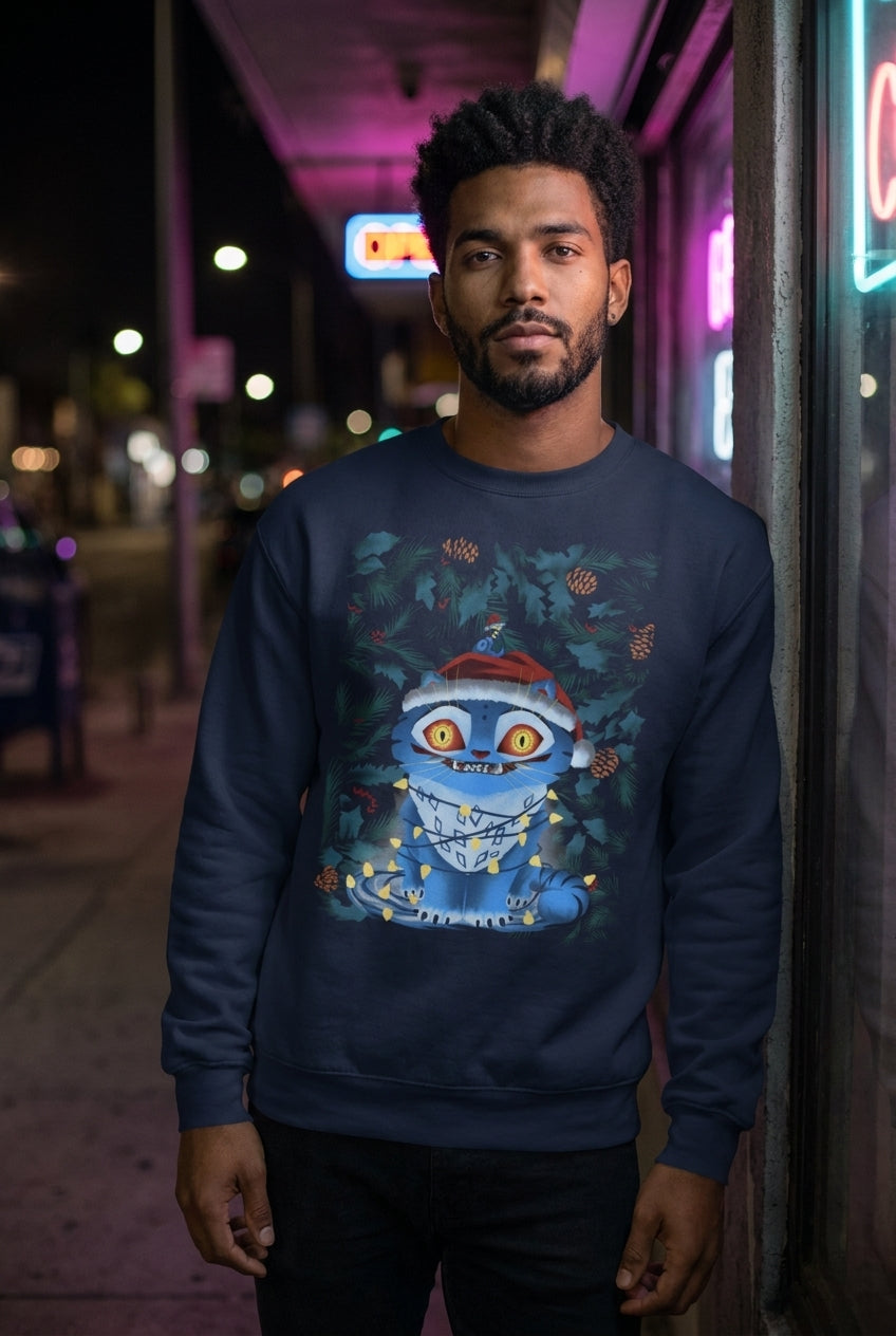 Hombre en sudadera gato navideño geek streetwear urbano | Algoritmo