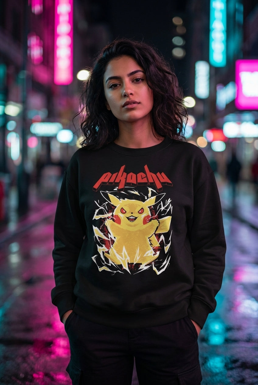 Mujer en sudadera Pikachu Pokémon streetwear urbano | Algoritmo