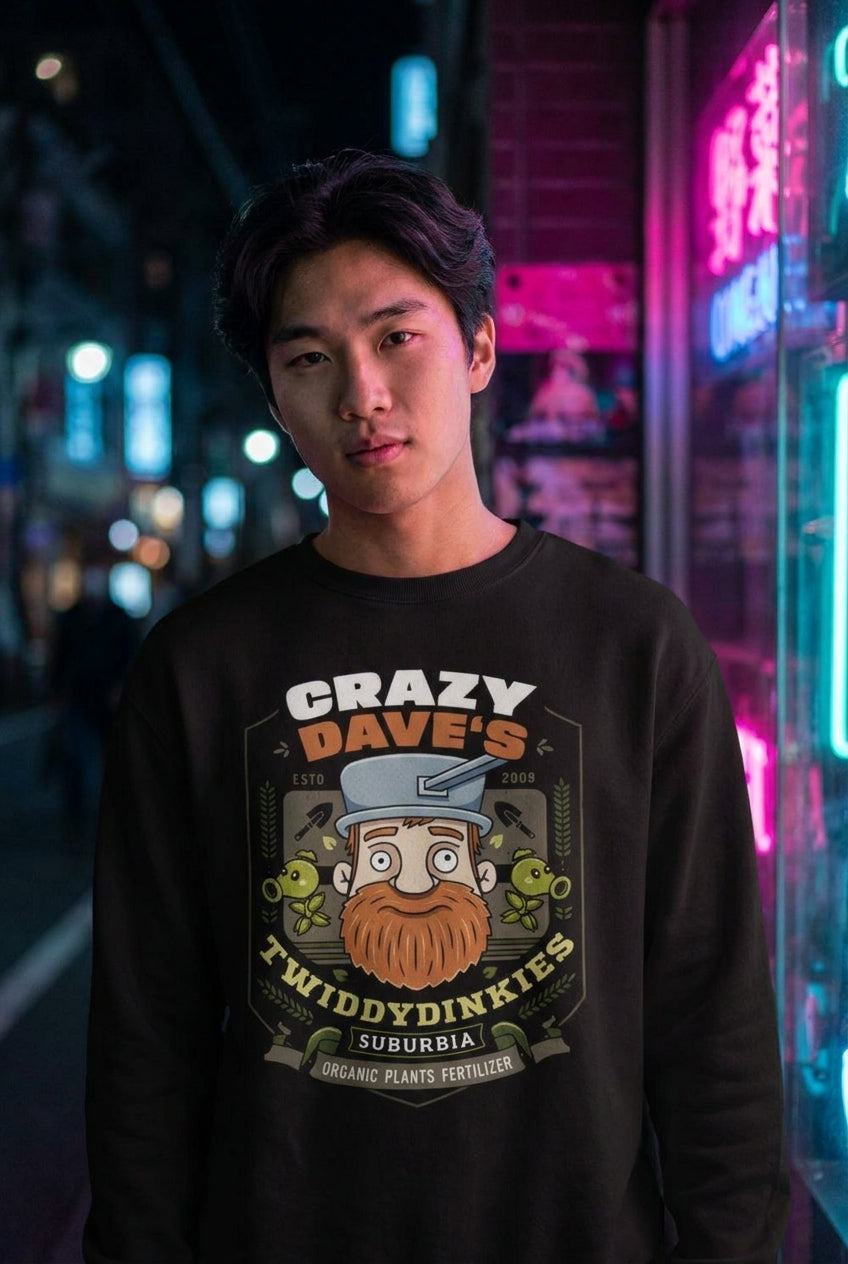 Hombre en suéter negro con Crazy Dave de Plantas contra Zombies streetwear urbano | Algoritmo