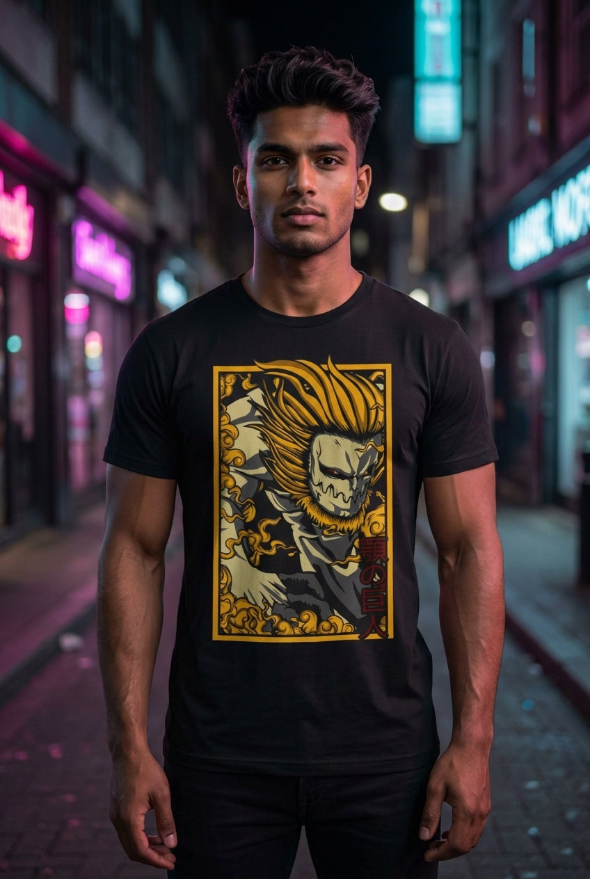 Hombre en playera nueva anime titan dorado streetwear urbano | Algoritmo
