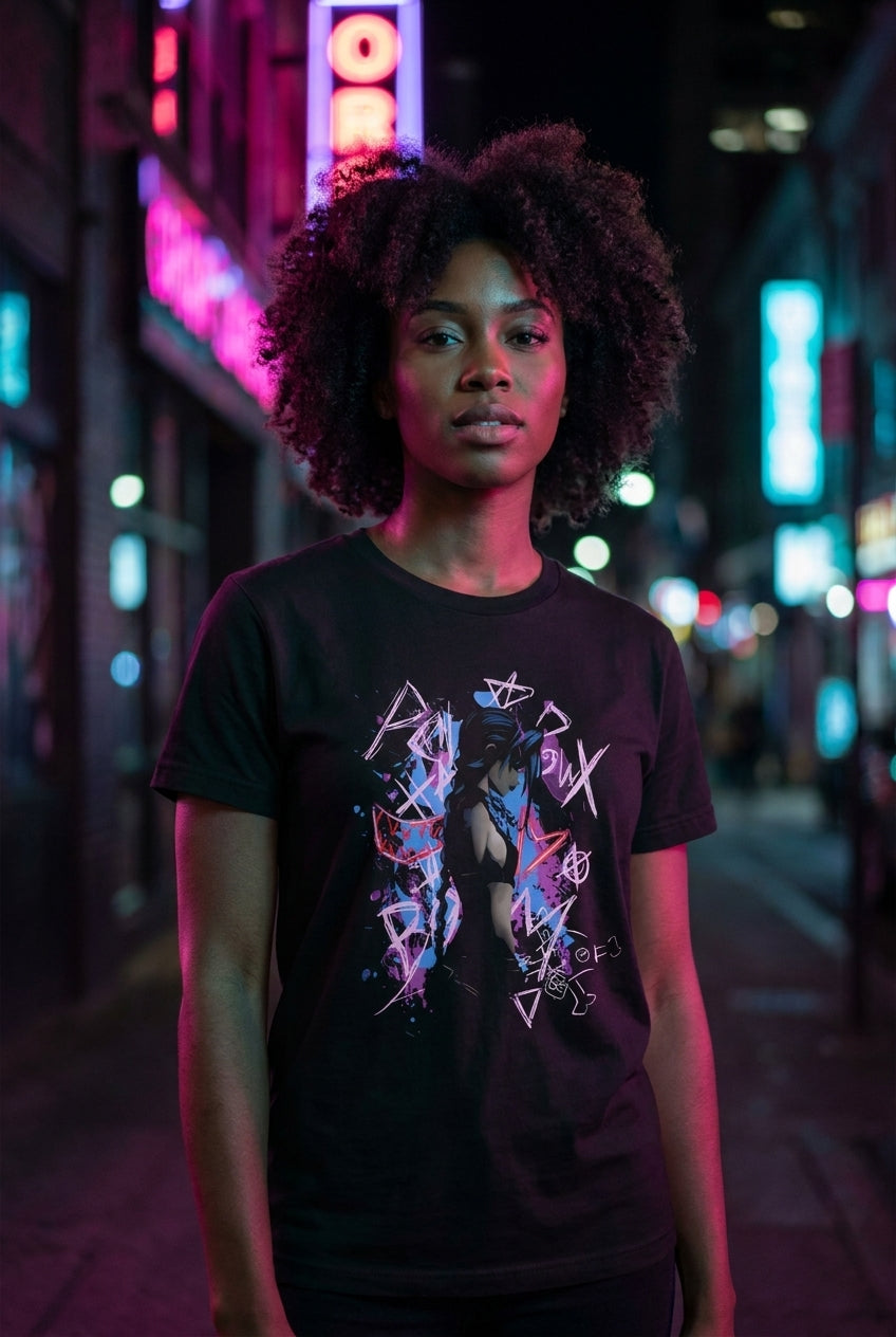 Mujer en playera Jinx League of Legends streetwear urbano | Algoritmo