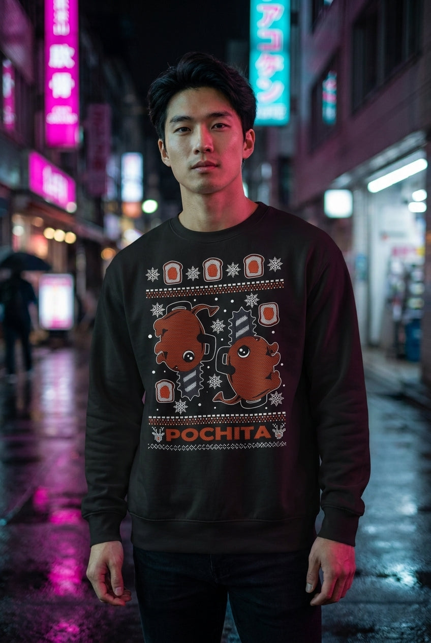 Hombre en suéter negro Pochita de Chainsaw Man estilo navideño streetwear urbano | Algoritmo