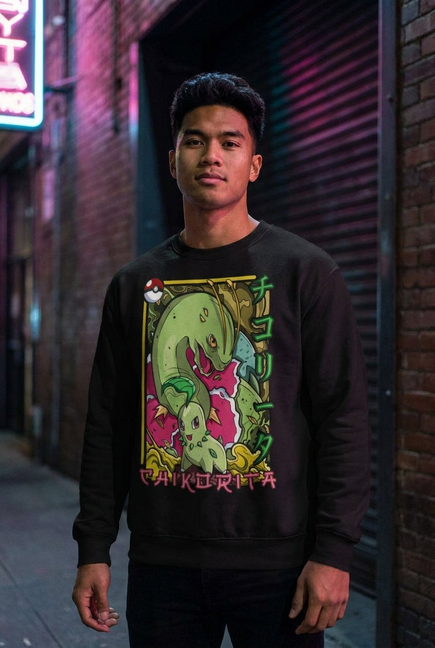 Hombre en sudadera Chikorita Pokémon streetwear urbano | Algoritmo