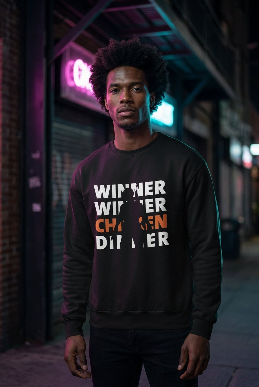 Hombre en sueter negro Winner Winner Chicken Dinner streetwear urbano | Algoritmo