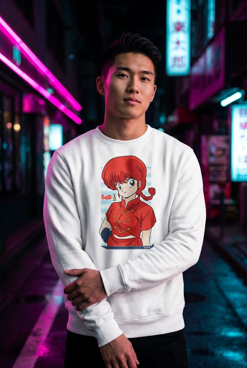 Hombre en suéter blanco con Ranma anime streetwear urbano | Algoritmo