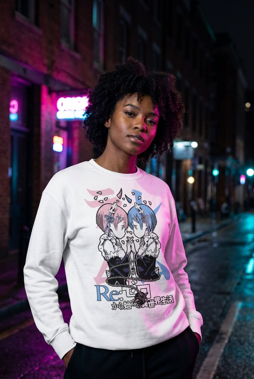 Mujer en sueter blanco Re Zero Rem y Ram streetwear urbano | Algoritmo