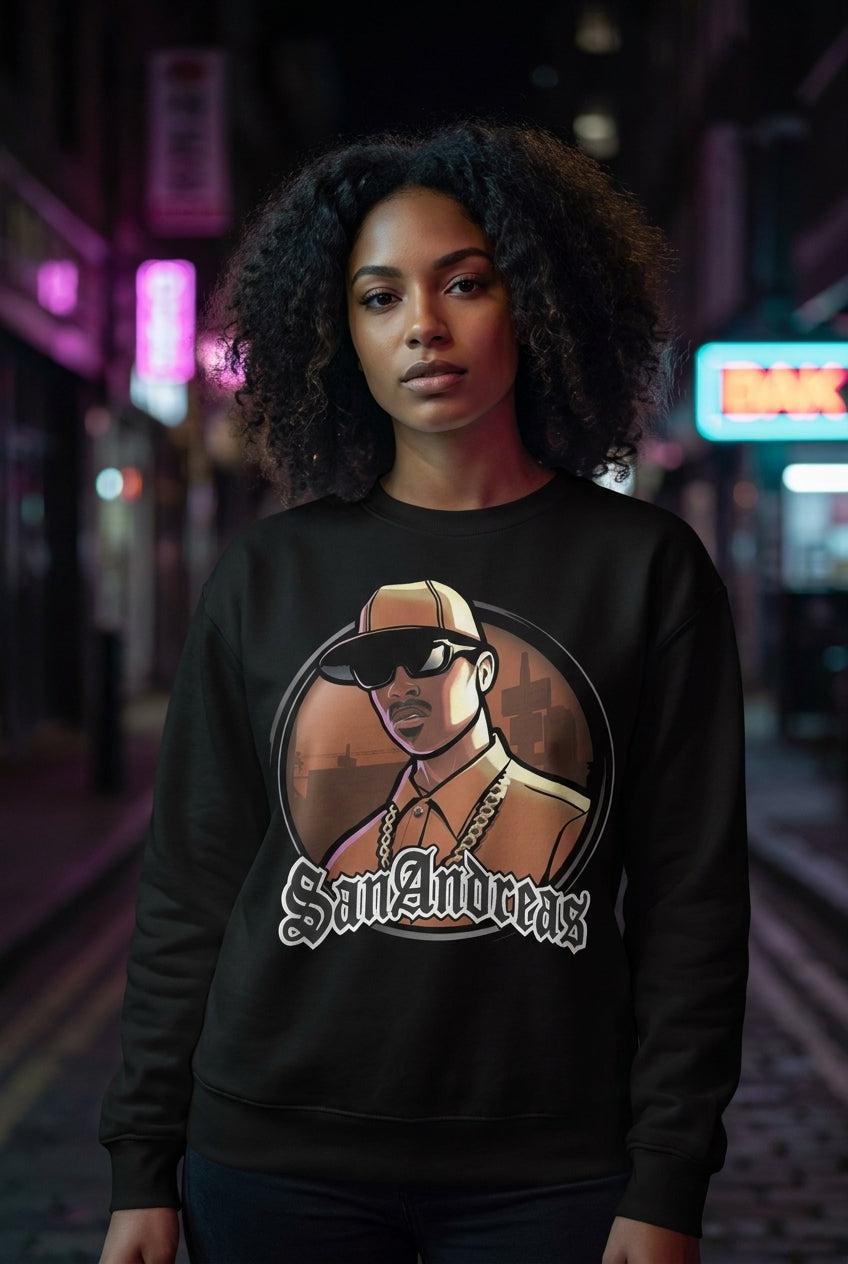 Mujer en sudadera GTA San Andreas streetwear urbano | Algoritmo