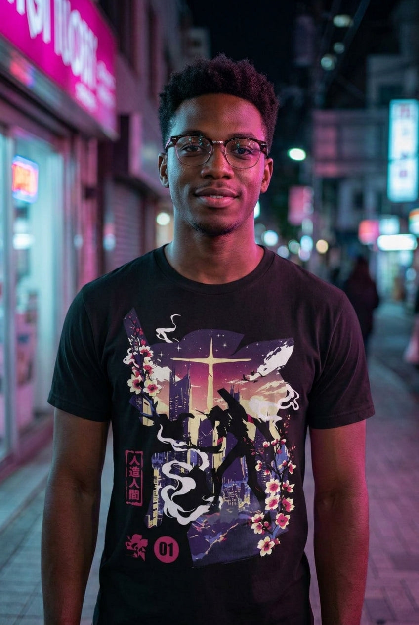 Hombre en playera sci-fi mecha cyber city streetwear | Algoritmo