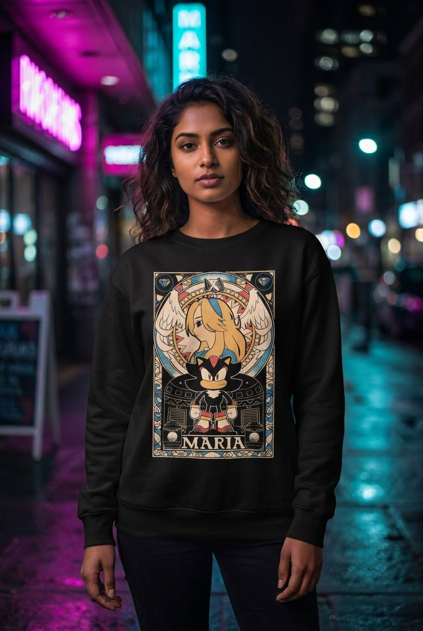 Mujer en sueter Sega Shadow y Maria tarot streetwear urbano | Algoritmo