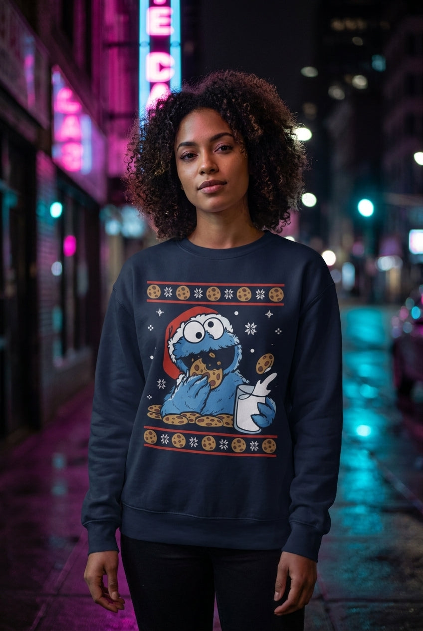Mujer en sudadera navideña del Comegalletas de series TV streetwear urbano | Algoritmo