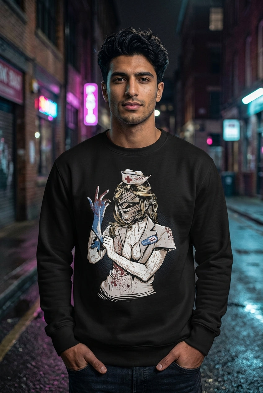 Hombre en sueter negro Enfermera de Silent Hill streetwear urbano | Algoritmo
