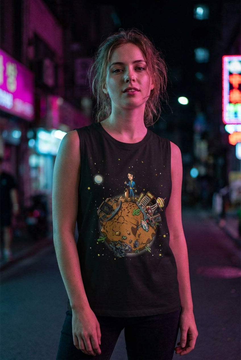 Mujer en playera sin mangas El Principito estilo Fallout streetwear urbano | Algoritmo