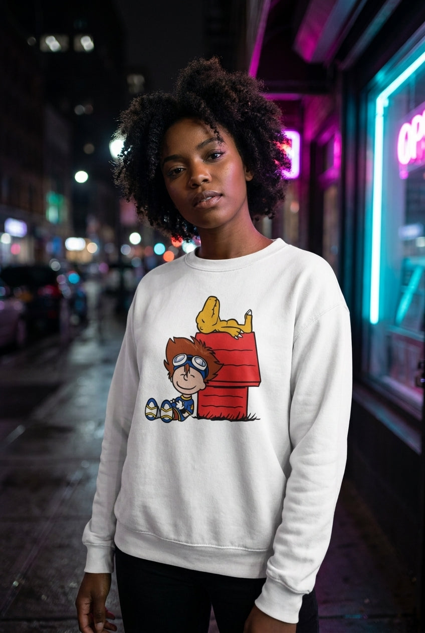 Mujer en sudadera Digimon Tai y Agumon estilo Snoopy streetwear urbano | Algoritmo