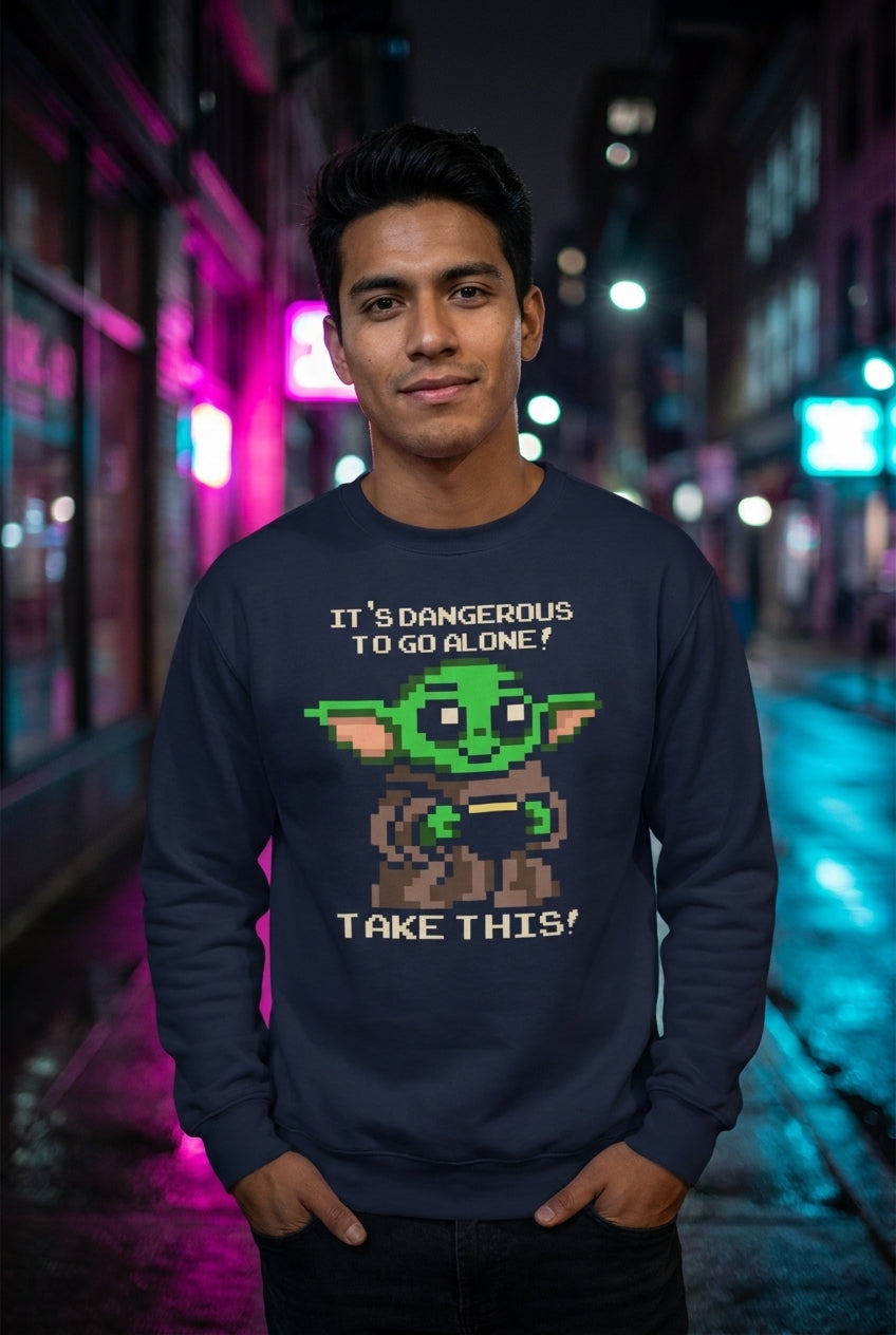 Hombre en sudadera Star Wars Grogu pixel streetwear urbano | Algoritmo