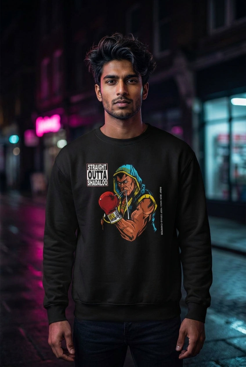 Hombre en sueter Street Fighter Balrog Straight Outta Shadaloo streetwear urbano | Algoritmo