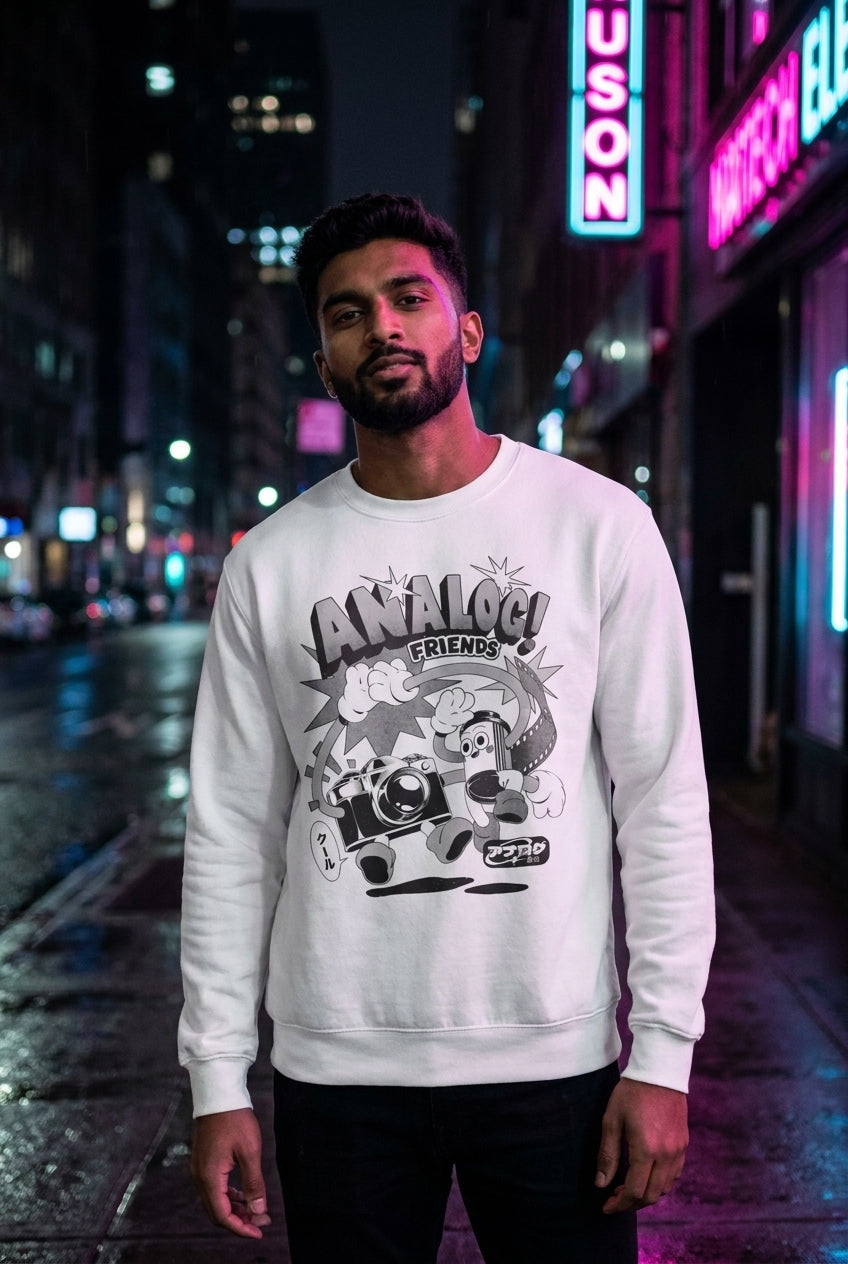 Hombre en sudadera Analog Friends camara retro streetwear urbano | Algoritmo