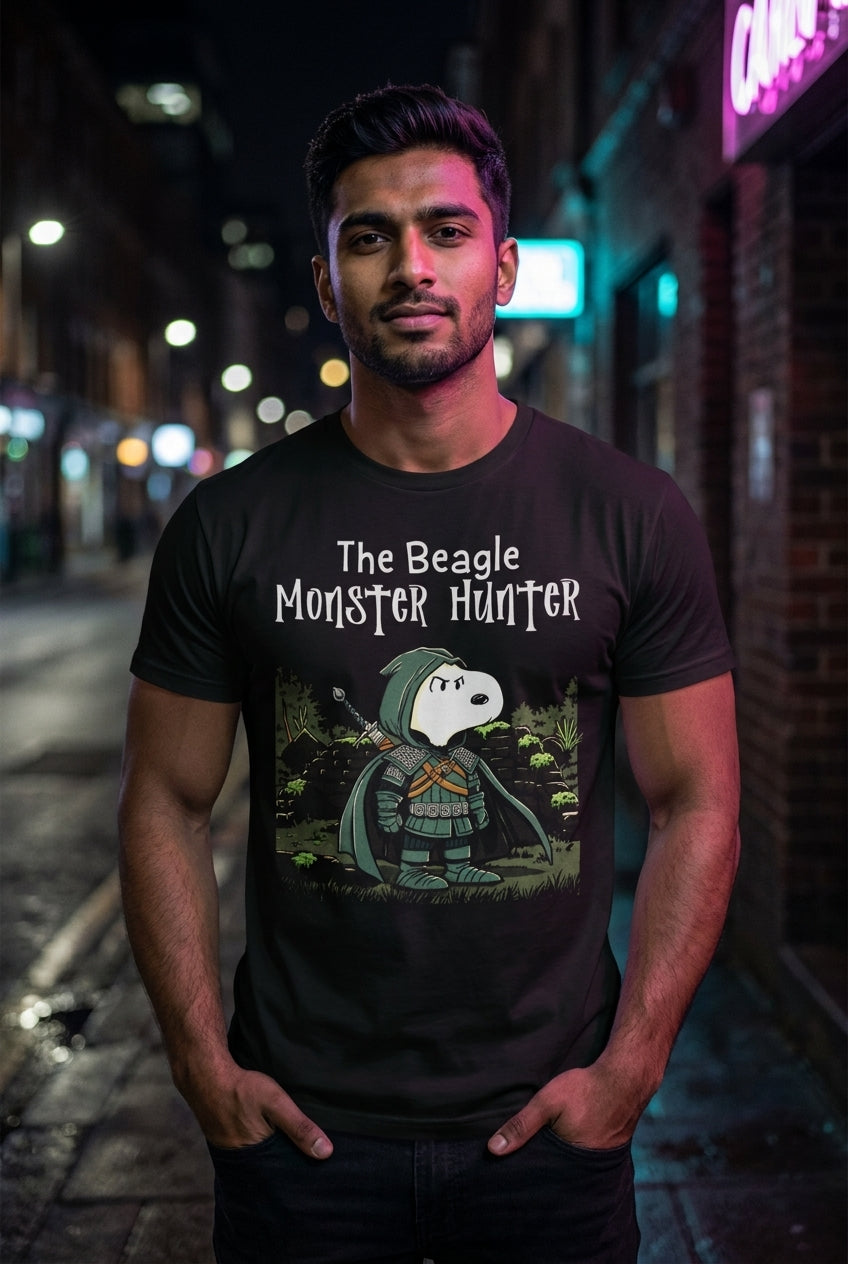 Hombre en playera The Witcher Beagle Monster Hunter streetwear urbano | Algoritmo