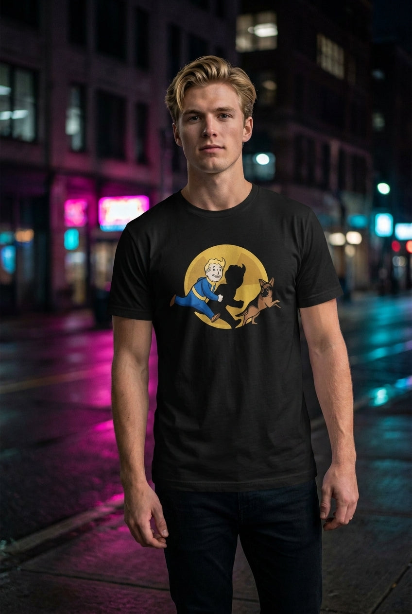 Hombre en playera Vault Boy Fallout estilo Tintín streetwear urbano | Algoritmo