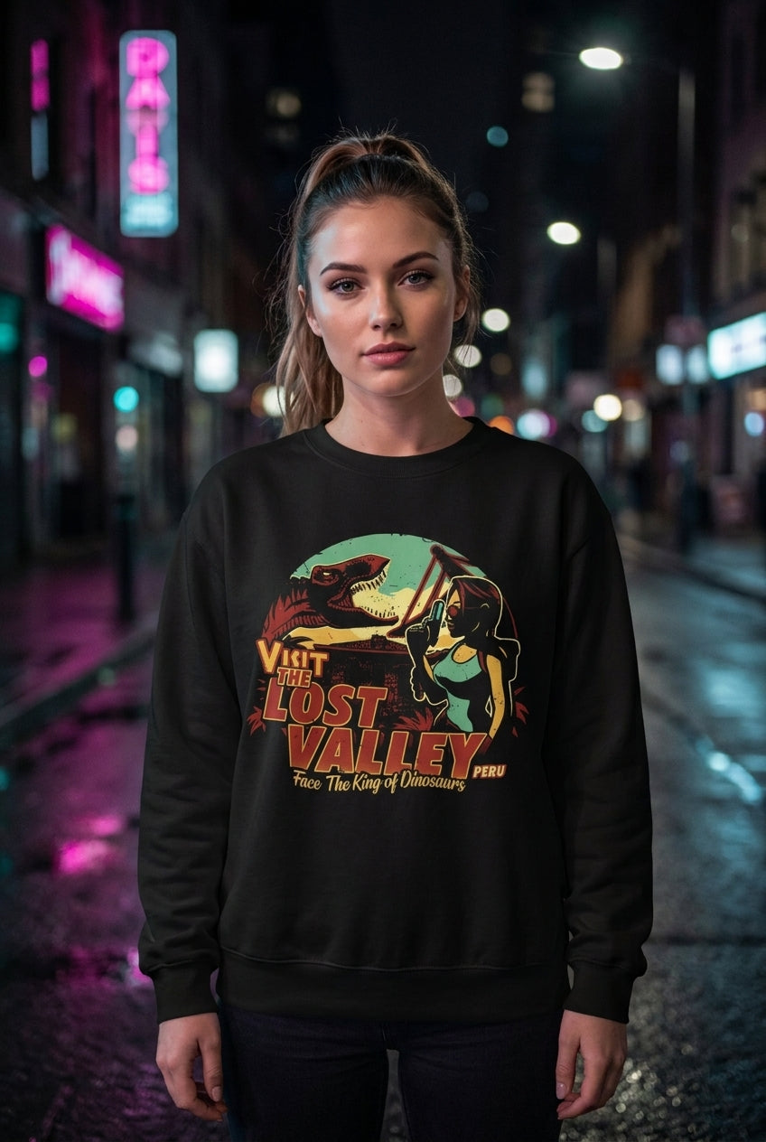 Mujer en suéter Tomb Raider Lara Croft streetwear urbano | Algoritmo