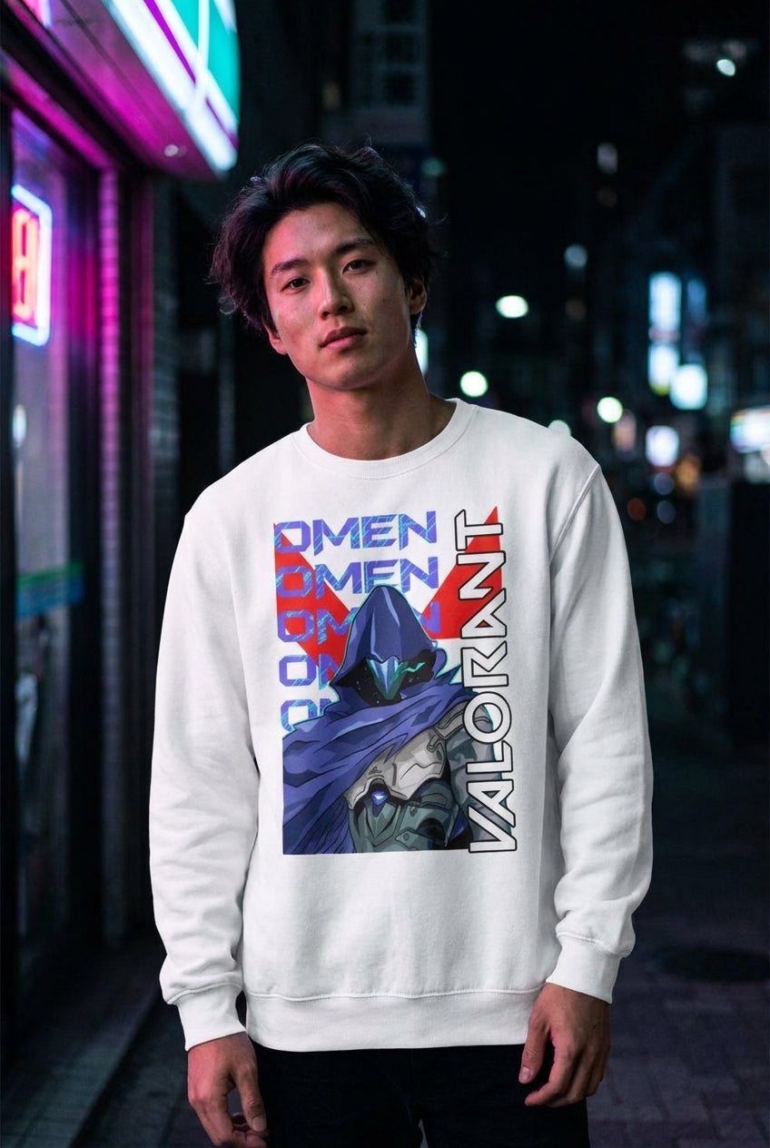 Hombre en sudadera Valorant Omen agente streetwear urbano | Algoritmo