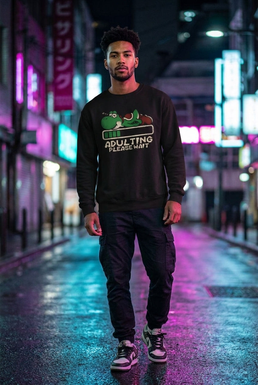 Hombre en sueter Yoshi Adulting Please Wait streetwear urbano | Algoritmo