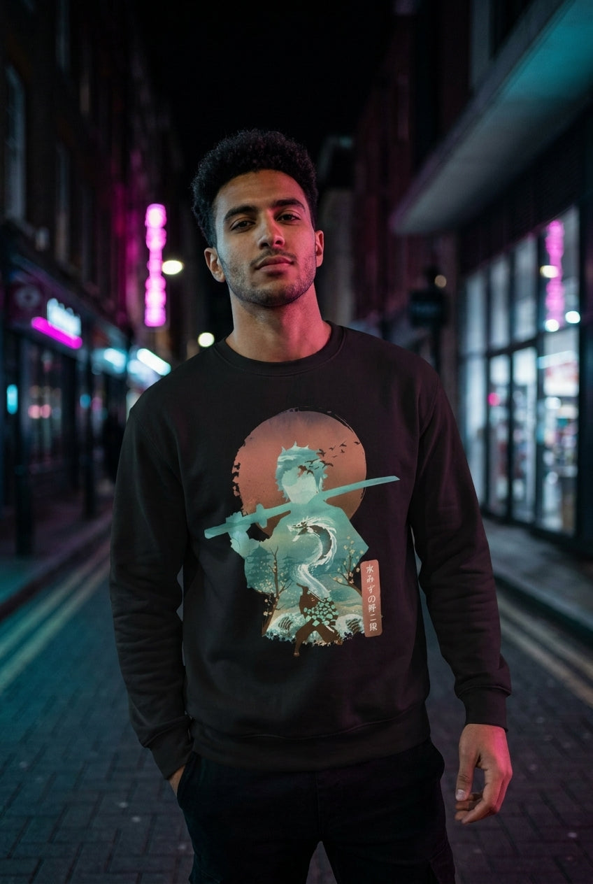 Hombre en sudadera Breath of Water estilo anime streetwear urbano | Algoritmo