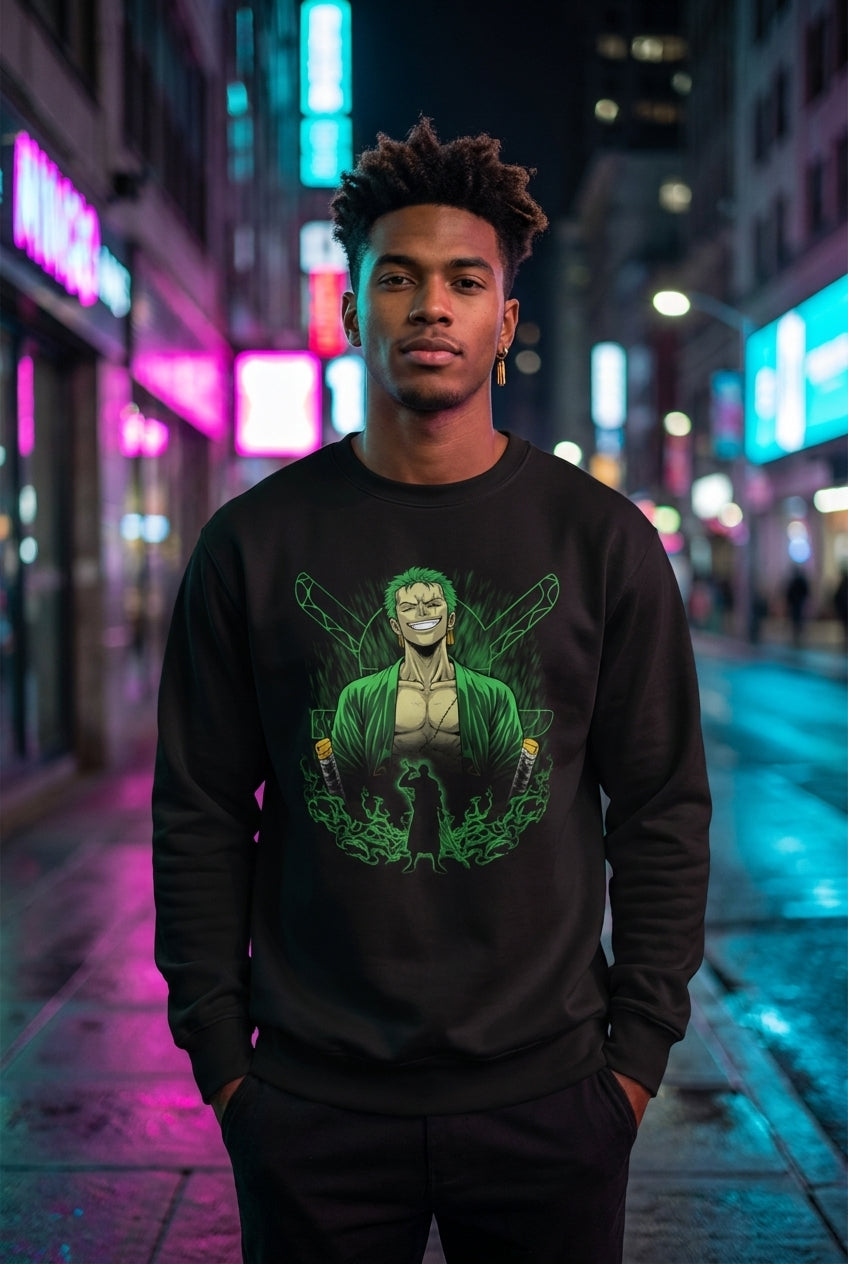 Hombre en sueter One Piece Zoro tres espadas streetwear urbano | Algoritmo