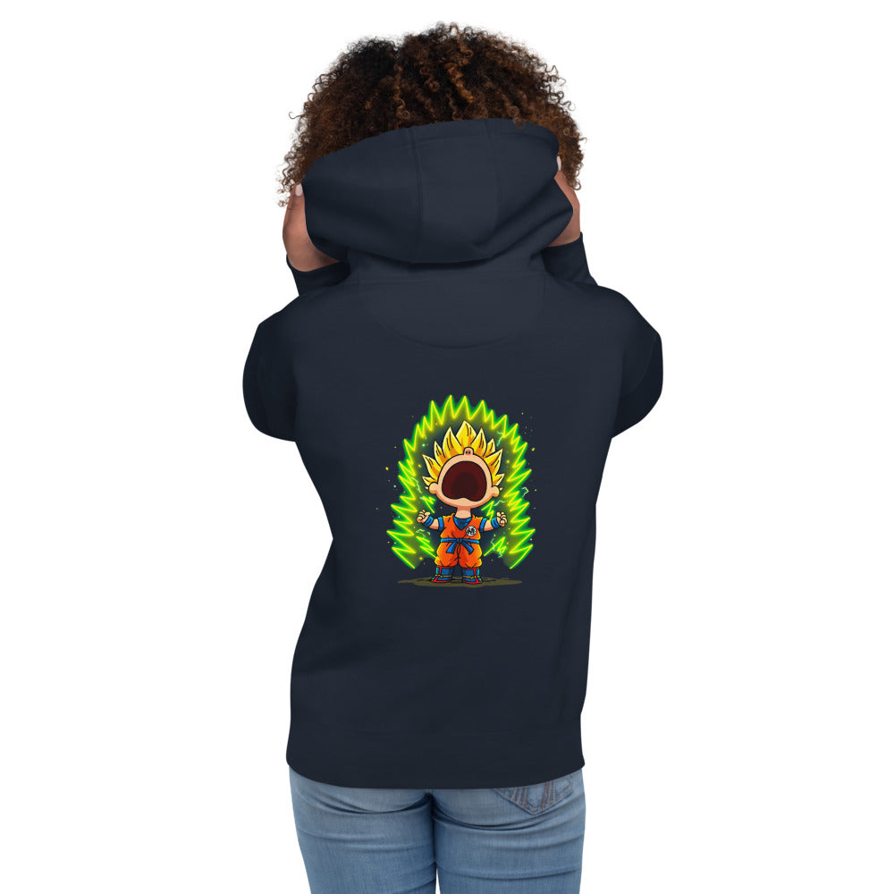Hoodie Goku Super Saiyan Peanuts Scream Green Aura - Modelo femenina espalda