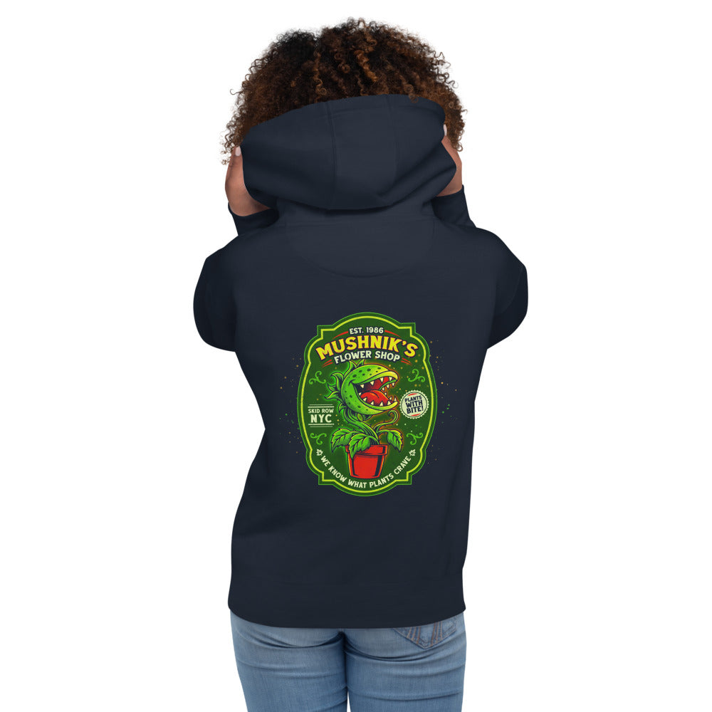 Hoodie Little Shop of Horrors Mushniks Flower Shop - Modelo femenina espalda