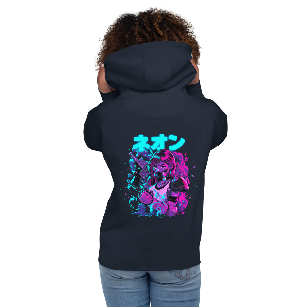 Hoodie Neon Gas Mask Girl Cyberpunk Armor - Modelo femenina espalda
