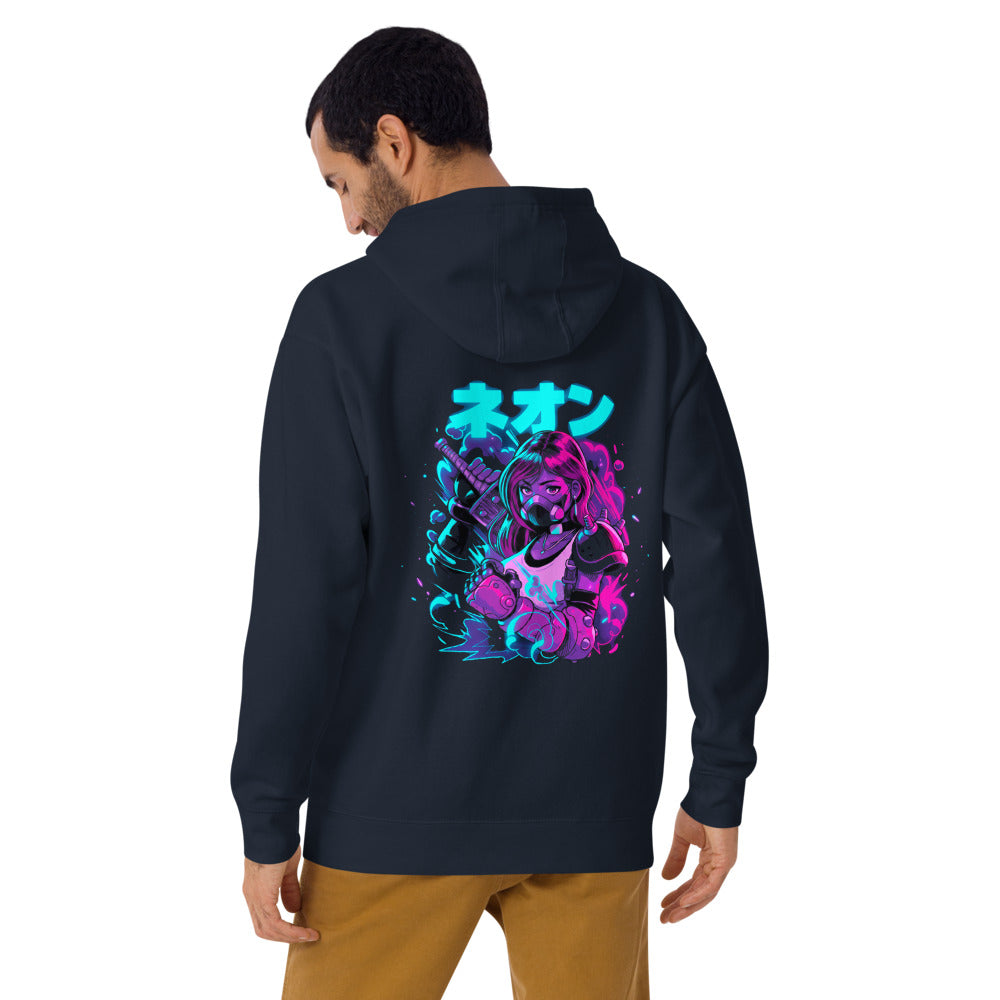 Hoodie Neon Gas Mask Girl Cyberpunk Armor - Modelo masculino espalda
