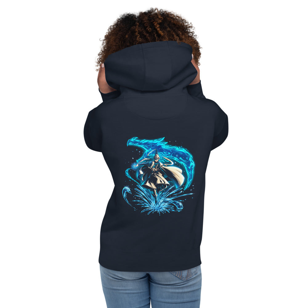 Hoodie Water Wizard Blue Dragon Splash - Modelo femenina espalda