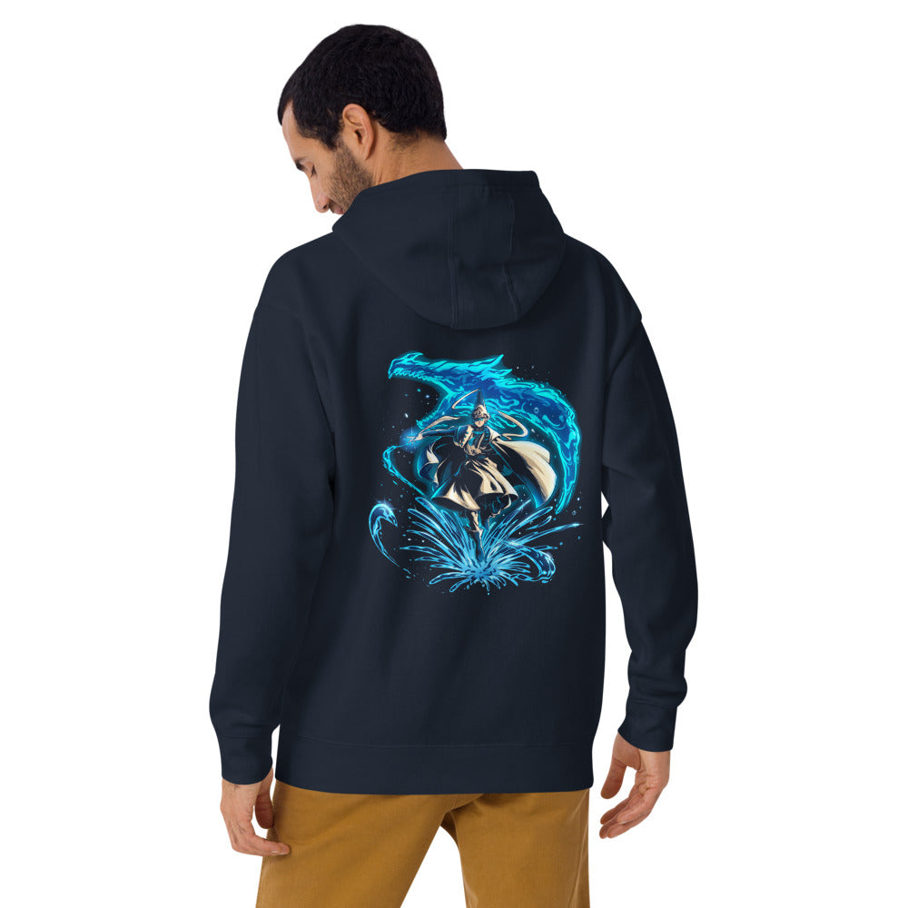 Hoodie Water Wizard Blue Dragon Splash - Modelo masculino espalda