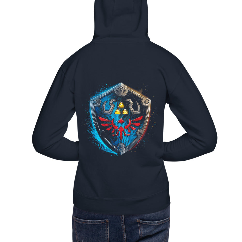 Hoodie Zelda Hylian Shield Triforce Blue Brushstroke - Modelo espalda A