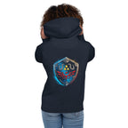 Hoodie Zelda Hylian Shield Triforce Blue Brushstroke - Modelo femenina espalda