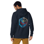 Hoodie Zelda Hylian Shield Triforce Blue Brushstroke - Modelo masculino espalda