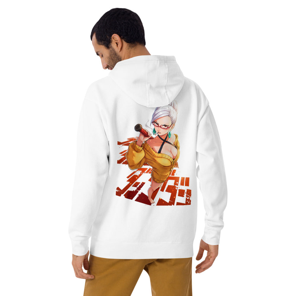 Hoodie Anime Girl Yellow Sweater Red Glasses - Modelo masculino espalda