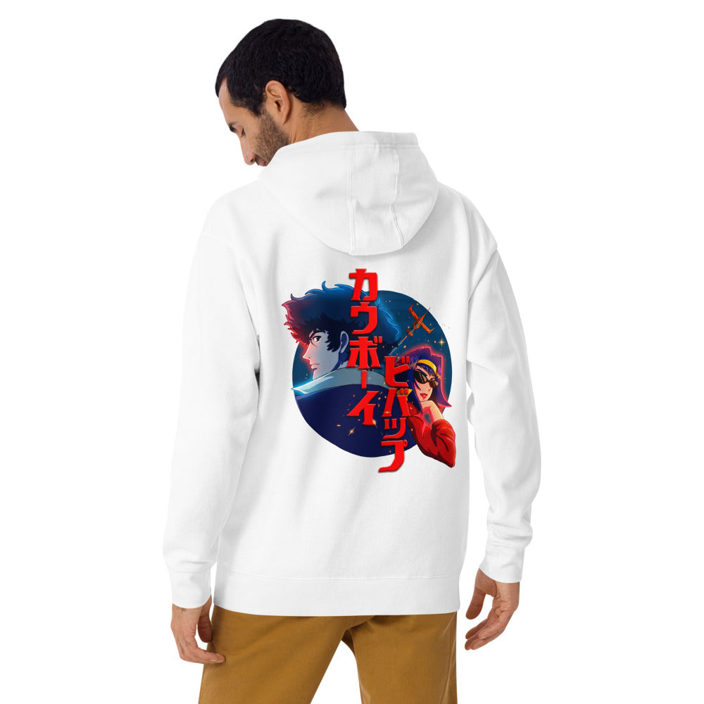 Hoodie Cowboy Bebop Spike And Faye Red Katakana - Modelo masculino espalda