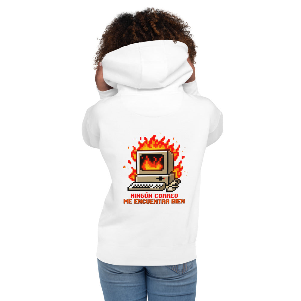 Hoodie Ningún Correo Me Encuentra Bien Computadora En Llamas - Modelo femenina espalda