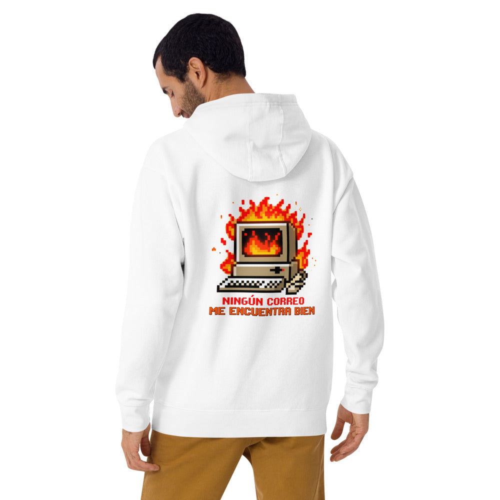 Hoodie Ningún Correo Me Encuentra Bien Computadora En Llamas - Modelo masculino espalda