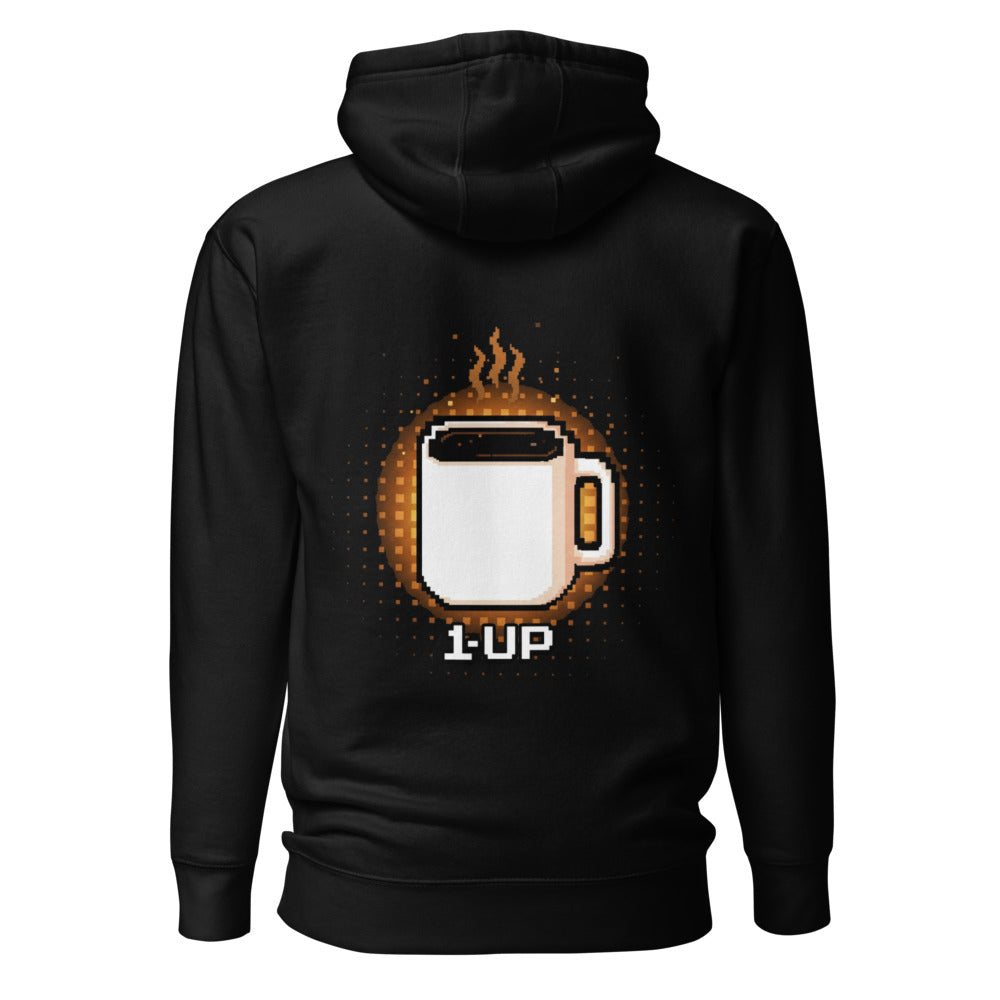 Hoodie 1 Up Pixel Coffee Mug Amber Glow - Espalda